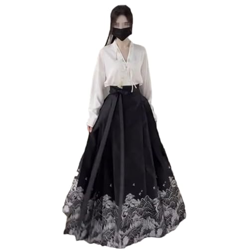 Primavera y verano retro modificada delgada cara de caballo negro conjunto de dos piezas talla grande, camisa y falda, M