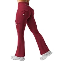 YEOREO CoreFlex Women Workout Flare Leggings with Pockets Scrunch Cargo Gym Yoga Leggings Wine M