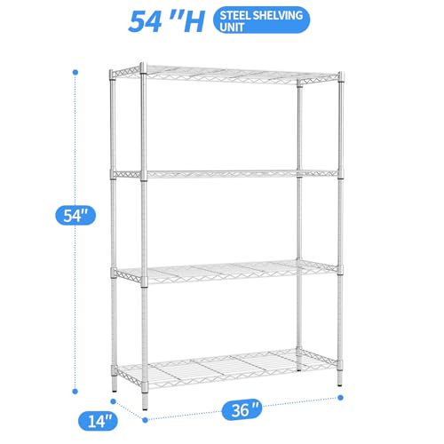 Image of BestOffice | 4-Tier Wire Storage Shelves | 36x14x54 | Chrome | with Adjustable Racks | Heavy-Duty Metal Shelf, Holds Upto 1000 lbs | No-Tool Assembly | Ideal for Home & Garage Shelving
