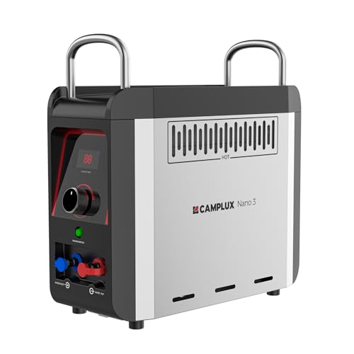 CAMPLUX Nano Calentador de agua a gas 3L/min con bomba, 28-30 mbar, gas butano, solución de agua caliente para camping ducha al aire libre, Nano 3