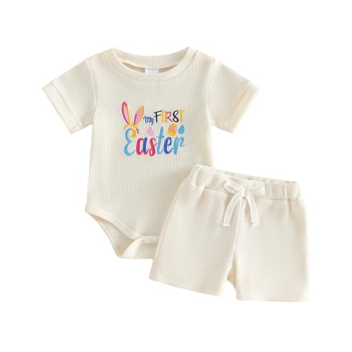 Douhoow My First Easter Baby Boy Outfit Embroidered Short Sleeve Baby Romper Boys Shorts Infant Summer Clothes (Beige A 3-6 Months)