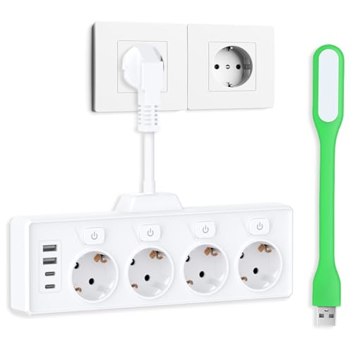 Steckdosenleiste mit USB 4 Unabhängige Schalter mehrfachsteckdose mit 2 Typ C und 2 USB-A mehrfachstecker für steckdose für Zuhause Büro Küche Weiß