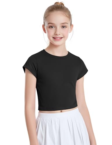 Auranso Girls Crop Tops Summer Short Sleeve Round Neck T Shirts Basic Tee for Kids Black 9-10 Years