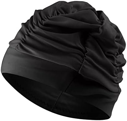 Swim Caps for Women Swimming Fabric Nylon Cloth Swim Cap Comfort Pleated Swimming Cap for Long Hair Not Waterproof Elastic Bathing Caps Swim Hat Keep Hairstyle Unchanged(1-Black)