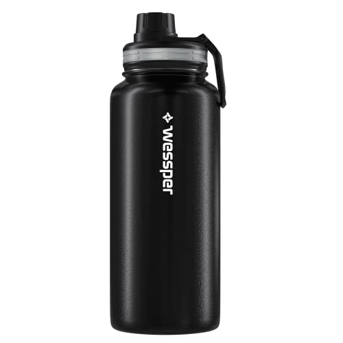 Wessper Stainless Steel Drinking Water Bottle 1L Leakproof Thermos Bottle BPA-Free with 3 Lids, Black, 1000 ml - Image 2