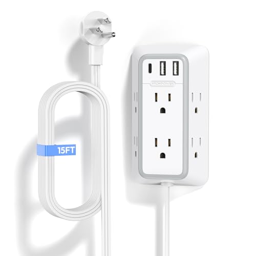 NTONPOWER Power Strip con enchufe plano cable de 15 pies, regleta con montaje en pared y USB C para oficina en casa, blanco miniatura 1