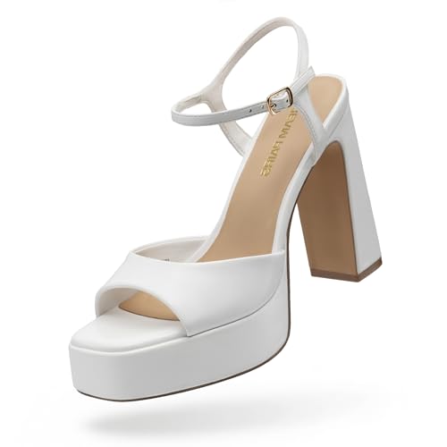 DREAM PAIRS Platform Heels for Women Square Toe Chunky High Heels Ankle Strap Sandals for Wedding Party Formal Event Size 7 White SDHS25005W