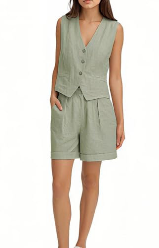 Summer Casual Women's 2 Piece Suit Elegant Linen V Neck Sleeveless Vest Shorts Set Office Workout Outfits2