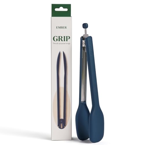 Image of Ember Cookware Silicone Kitchen Tongs | 230C Heat Resistant | Versatile- for Kitchen and Serving| Stainless Steel Core with Food Safe Silicone Grip | Locking Mechanism for Compact Storage | Blue