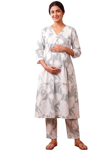 Image of RITIJYA Pure Cotton Feeding Kurta Pant Set for Women | Floral Anarkali Pregnancy Dress with Concealed Nursing Zipper Side Pocket | Pre & Post Partum | Maternity Dresses | Baby Shower Outfit