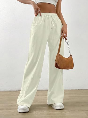 Image of TOPLOT Women's Linen Blend Wide Leg Palazzo Pants | Elastic Drawstring Waist Trousers for Woman | Relaxed Fit Casual Lounge Trousers | Breathable Straight Leg Everyday Bottom Wear (5268)