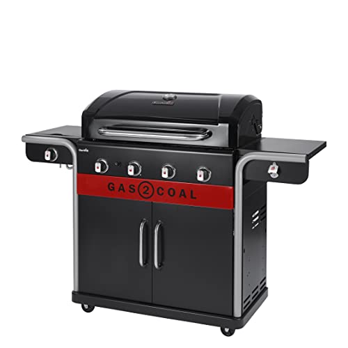 Char-Broil Gas2Coal 440 (2.0) Hybrid Grill - 4 - Brenner Gas & Kohlegrill mit Seitenbrenner, Schwarz & 140766 - Universal Wetterschutzhaube für 3 & 4-Brenner-Gasgrill