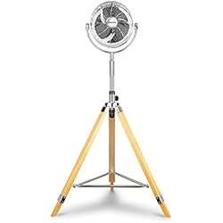 Ventilador 90W CREATE / AIR TRIPOD CLASSIC/Ventilador de pie oscilante cromado con 3 Aspas/Silencioso, 3 Niveles de Ventilación, Regulable y Ajustable 117-130cm, 90W, Trípode Plegable de Madera