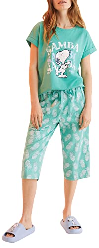women'secret Damen Pyjama mit Dreiviertelhose Snoopy 100% Baumwolle Ananas...