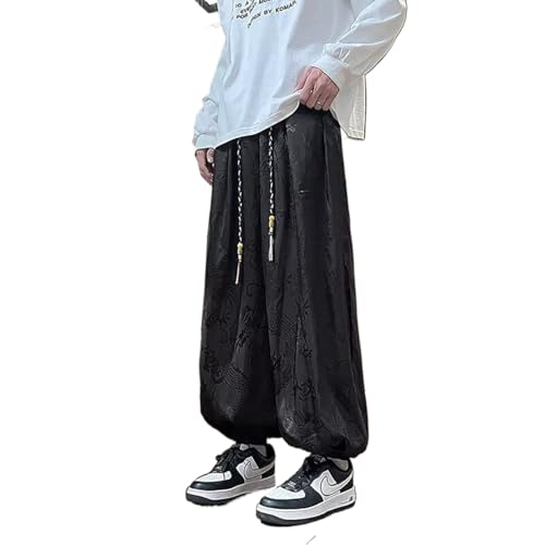 Chinese Style Printed Men's ice Silk Pants Drawstring Hanging Dragon Patterned Lantern Pants Lightweight Plus Size