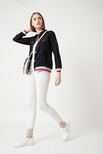 Image of Miss Chase Women's Polo Neck Full Sleeves Patch Pocket Denim Overcoat Knee-Length Jacket
