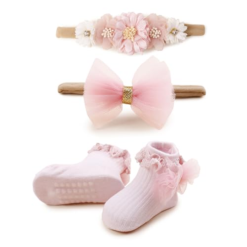 Baby Girls Headband & Socks Set, Cute Socks with Flower Hair Bows Baby Accessories Gifts for Newborn Infant Toddler