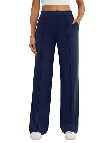 DLOODA Womens Dress Work Pants Business Casual Slacks Stretchy Wide Leg Trousers with Pockets High Waist Pull On Navy Blue