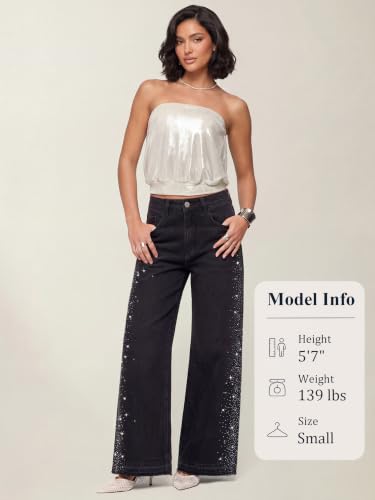 EMMIOL Rhinestone Baggy Jeans Women Tall High Waist Wide Leg Jean Black S - image 5