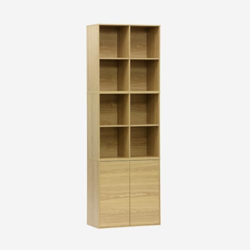 sweeek - Etagère. bibliothèque modulable décor Bois chêne 3 éléments - 2 Portes 8 niches L 70 x P 35 x H 210cm - Kompo