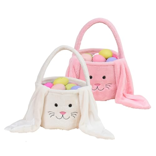 Image of Plush Easter Bunny Basket Bags for Kids, Rabbit Bucket Tote with Long Fluffy Ears, Cute Egg Hunts Party Storage Candy Gifts Carry Bucket Decorations (White + Pink)
