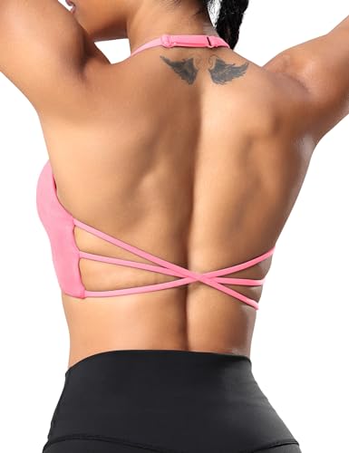 Image of YEOREO Women's Sports Bra Halter Workout Sports Bra Strappy Criss Cross Back Bra Removable Padded Yoga Crop Top