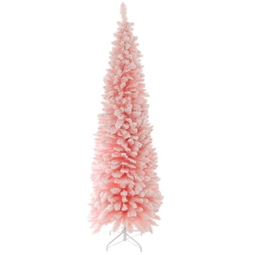 Mr Crimbo 6ft Slim Pink Snowy Artificial Christmas Tree Flocked Sakura Pink Festive Tree with 460 PVC Tips & White Metal Stand Stylish Space-Saving Xmas Tree for Modern or Glam Decor