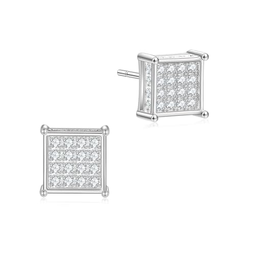 Rnivida 925 Sterling Silver Square Stud Earrings, Iced Out Cz Stud Earring for Men Women, Hypoallergenic