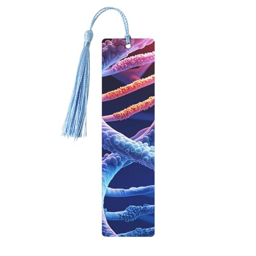 カラフルなタッセル付き木製しおり スカイブルー、DNA 遺伝子ヘリックス 木製ブックマーカー パーソナライズされた木製ハンギングタグ オーナメント DIY クラフトブックマーク メンズ レディース 本好き向け