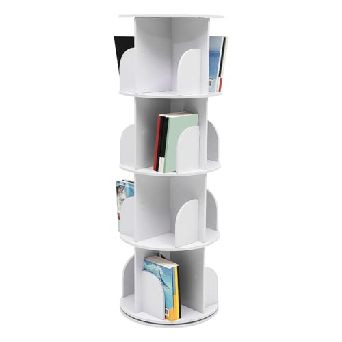 HOLMZCED 360 Display Floor Standing Bookcase, 4 Tiers Rotating Bookshelf Free Standing Book Storage Rack Multi Functional Bookshelf Organizer White for Home Living Room Study Bedroom