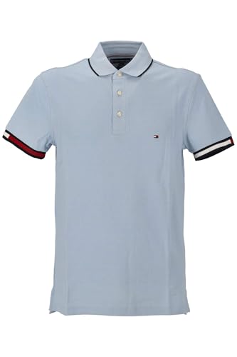 Tommy Hilfiger Flag Cuff Slim FIT Polo MW0MW38458 S/S, Blue (Breezy Blue), M Homme Tommy Hilfiger Flag Cuff Slim FIT Polo MW0MW38458 S/S, Blue (Breezy Blue), M Homme