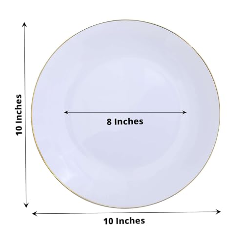 TCF Linen 10 Pack 10\" Plastic Dinner Plates, White Round Party Plates with Gold Rim, Disposable Tableware for Large Party Wedding Decor