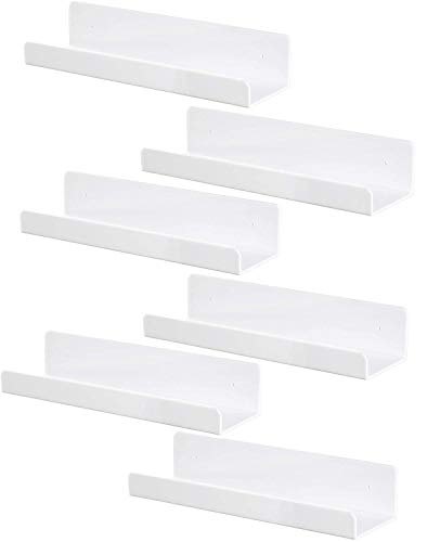 6 PCS Wall Mounted Acrylic Floating Shelf 15 Inch White Ledge Shelf, Nursery Kids Bookshelf 5MM Thick Bathroom Storage Shelves Toy Display Organizer