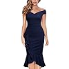 Knitee Women's Off Shoulder V-Neck Ruffle Pleat Waist Bodycon Evening Cocktail Slit Formal Dress (Navy Blue, Large)