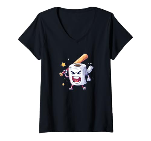 Mujer Hermoso Aspecto de Papel higiénico con Bate de béisbol Camiseta Cuello V