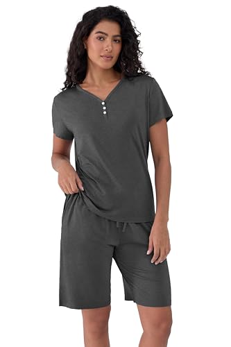 Image of Joyaria Cooling Pajamas Bamboo Viscose PJs Bermuda Shorts Set Women Henley Neck Summer Moisture Wicking Sleepwear