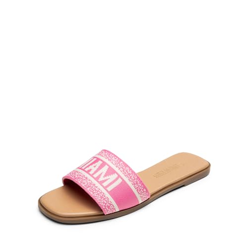 DREAM PAIRS Women's Flat Sandals Slip On Slides Sandals Square Open Toe Jacquard Braided Fashion Slides Casual Beach Slippers for Summer 8.5 Hot Pink-knit