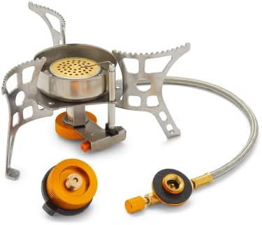 Upgraded mini backpacking stove with built-in ignition system- Compatible with 1lb propane tank (adapter not included), butane and isobutane canisters-small carry case included- simple to set it up