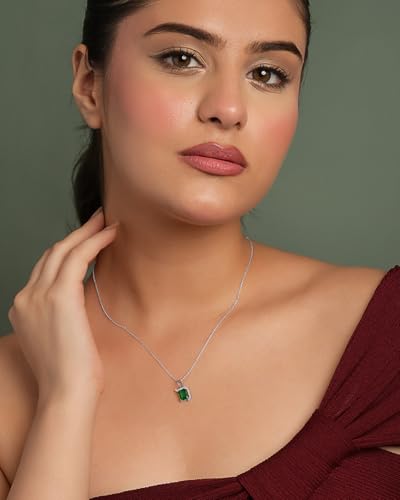 Image of Clara 925 Sterling Silver Green Pendant Necklace with Chain for Women & Girls | Platinum Plated |Minimal Daily Wear | Gift for her