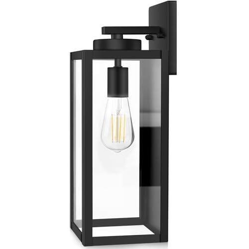 Image of BesLowe 15 inch Large Outdoor Wall Light Fixture, Exterior Porch Sconce, Black | Waterproof, Rust-Resistant, Durable Metal with Clear Glass, Standard E26 Socket, Easy to Install