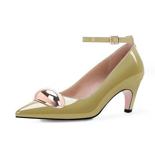 Women's Patent Leather Ankle Strap Kitten Heel Pumps Metal Decoration Closed Toe Dress Heels