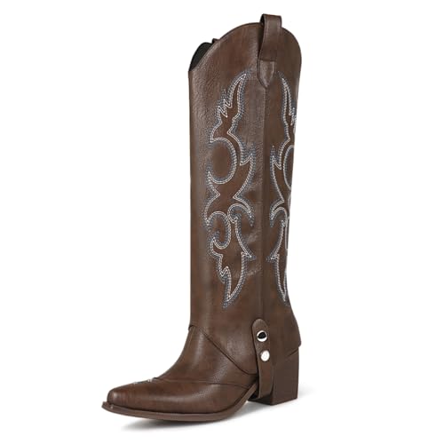 Women's Knee High Boots Pointed Toe Chunky Mid Heel Western Cowboy Boots For Women Wide Calf Riding Boot