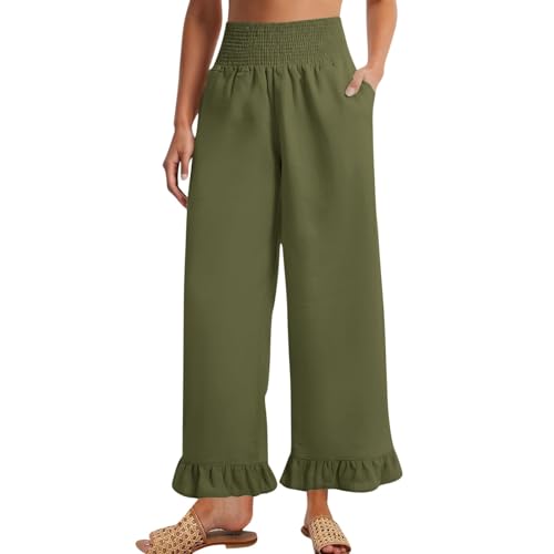 Image of Women Linen Pants Dressy Casual Summer Boho Ruffle Hem Wide Leg Cropped Pants Smocked High Waisted Palazzo Pant