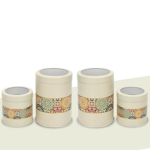 Image of Mandala Collection Airtight Kitchen Container Set| 450ML+1100ML- Set of 4| Food Grade Metal Jars for Spices, Cookies, Millets & Dry Food Storage| Vacuum Lid, Rust Resistant| Beige Rangoli