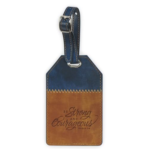 Christian Art Gifts Premium Vegan Leather Inspirational Scripture Luggage Tag for Men & Women: Strong & Courageous Baggage Accessory for Carry-on, Checked Bags, Backpacks, 4.8" x 3.1", Brown/Navy Blue