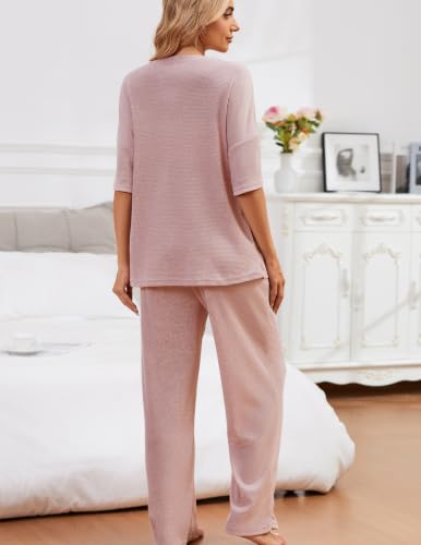 Image of JiniGolla Womens Pajama Sets Waffle Knit Short Sleeve Shirt with Long Pajama Pants Soft Sleepwear Pj Lounge Sets