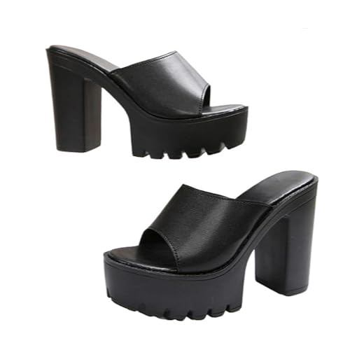 Women's Fashionable Solid Color Chunky Heeled Sandals, Casual Versatile Slip on Sandals for Summer, Lightweight Breathable Comfortable Shoes for Daily Wear, Girl Open Toe Mules Thick Sole Platform (Black,7)