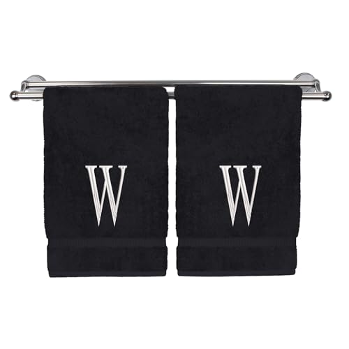 Monogrammed Hand Towel, Personalized Initial Gift, Extra Absorbent 100% Turkish Cotton - Soft Terry Finish - Set of 2 - White Block Initial W - Embroidered on Black Towels