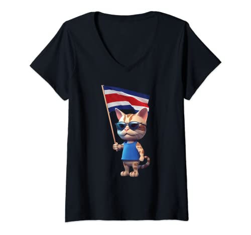 Photo de Femme Drapeau Costa Rica Chat Plage Tropical Caraïbes San Jose Tico T-Shirt avec Col en V