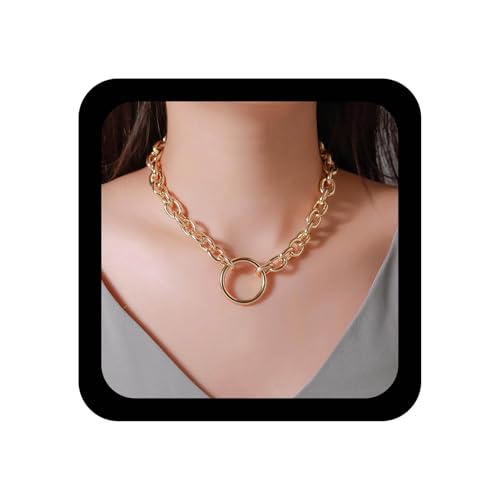 TseenYi Collar Punk Chunky Gargantilla Oro Con Círculo Abierto Anillo Colgante - Cadena Gruesa Enlace Joyería Para Mujeres Y Niñas Regalos